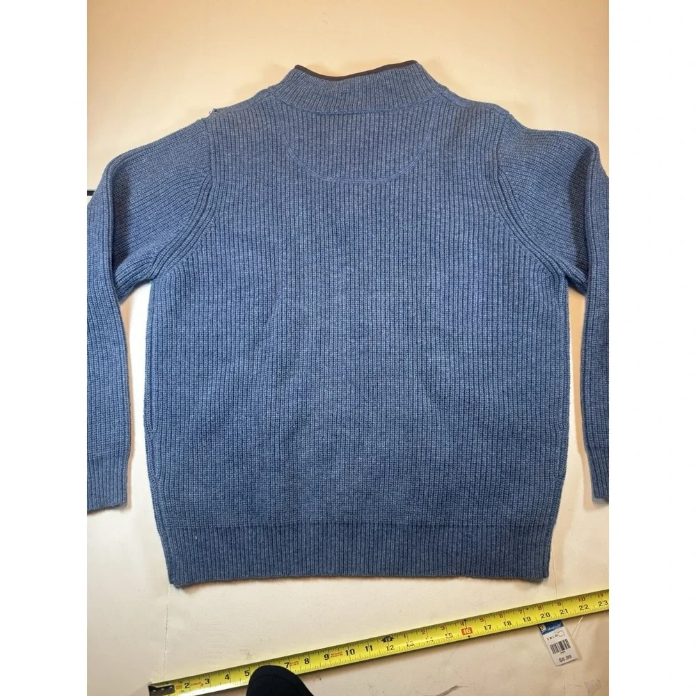 LL Bean Sweater Mens Blue Merino Lambswool 1/4 Zip Brown Collar‎ 237808 Large